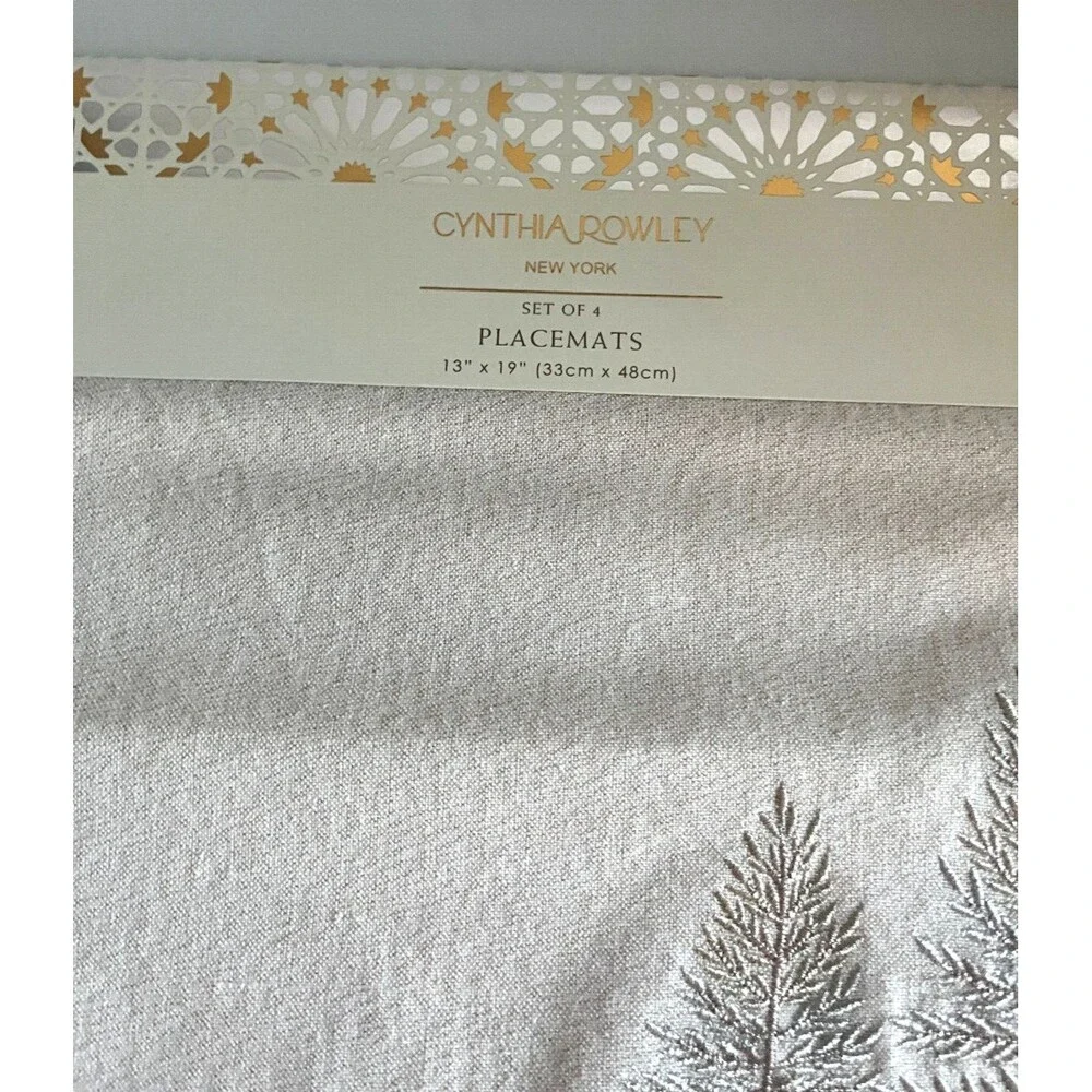 Cynthia Rowley Gold Tree Embroidered Placemats Set of 4 Gold Edged Lined Holiday